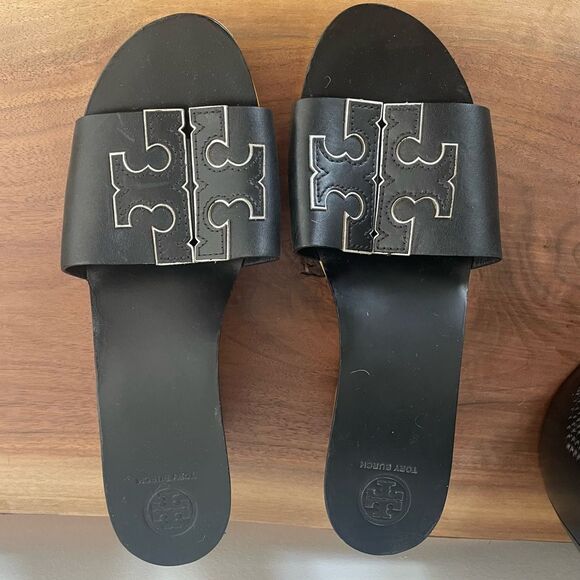 Tory Burch Ines Wedge Slides Calf Leather Metallic Perfect Black Sandals size 9 - Picture 5 of 10